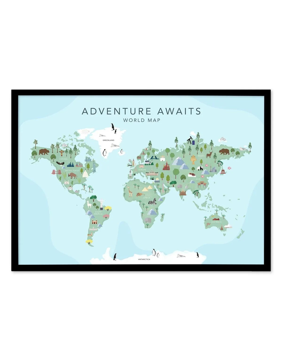 Adventure Awaits World Map | Blue Art Print