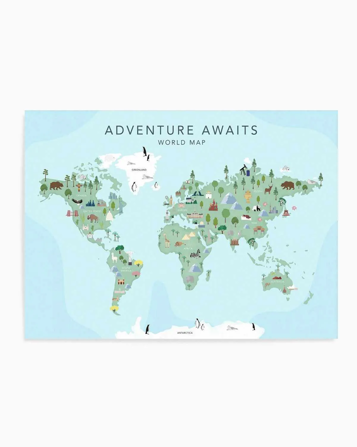 Adventure Awaits World Map | Blue Art Print