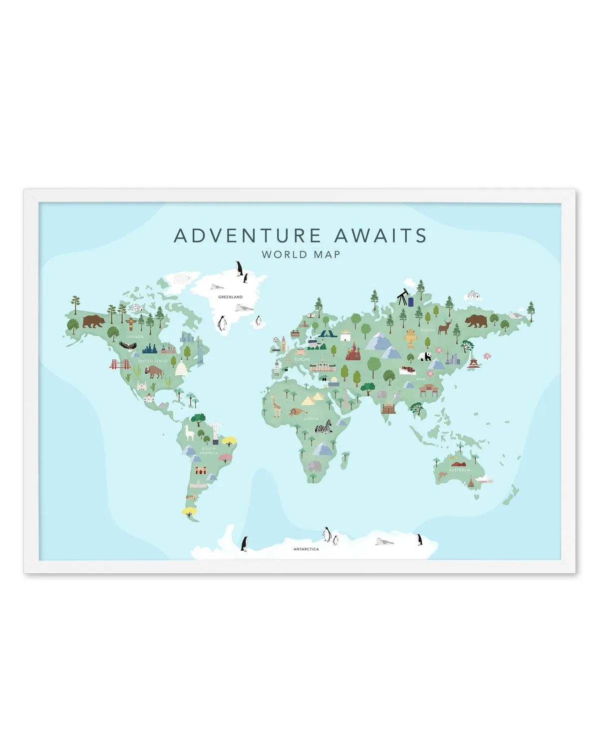 Adventure Awaits World Map | Blue Art Print