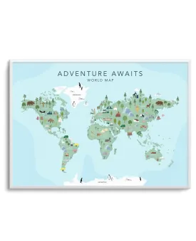 Adventure Awaits World Map | Blue Art Print