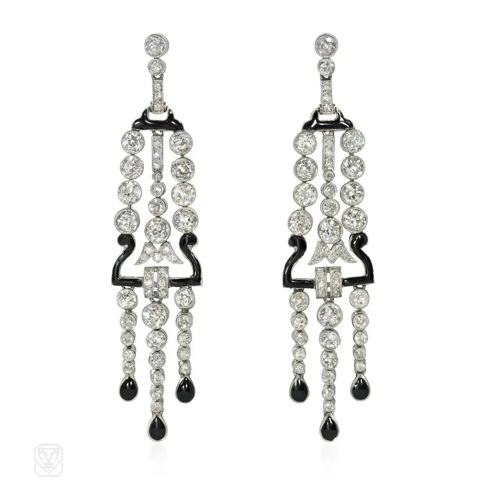 Art Deco black enamel and diamond fringe earrings