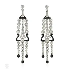 Art Deco black enamel and diamond fringe earrings