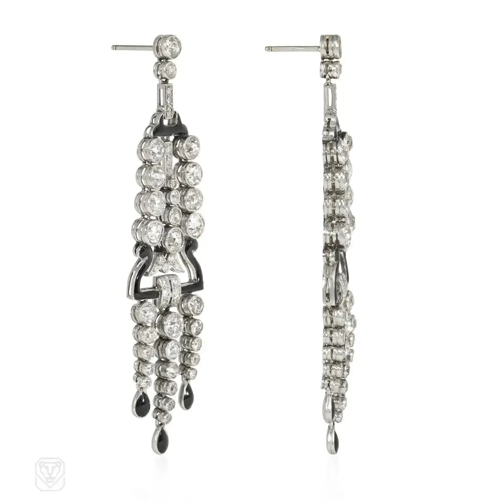 Art Deco black enamel and diamond fringe earrings