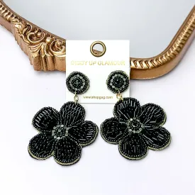 Beaded Flower Earrings in Black with Crystal Stones