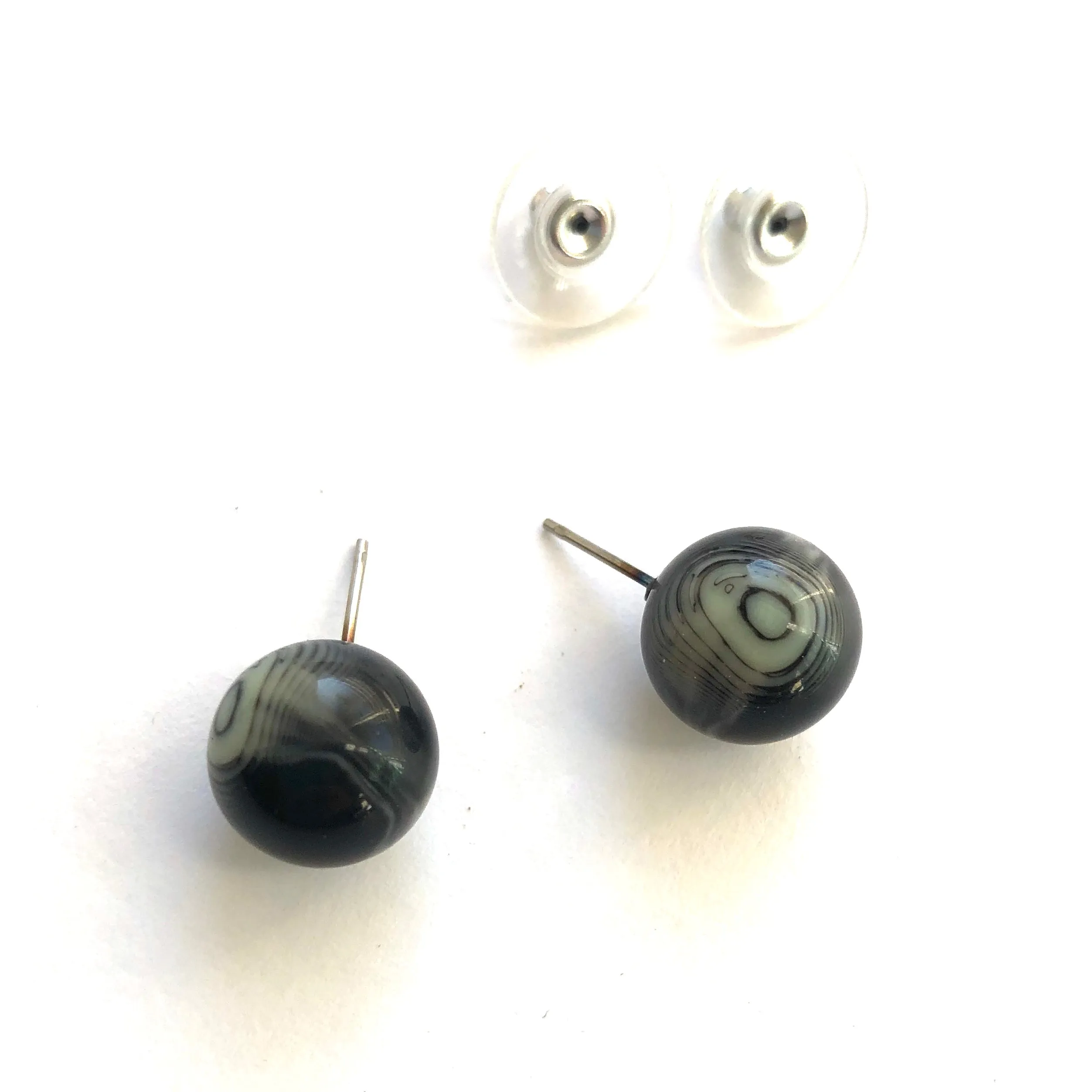 Black and Cream Marbled Agate Ball Stud Earrings