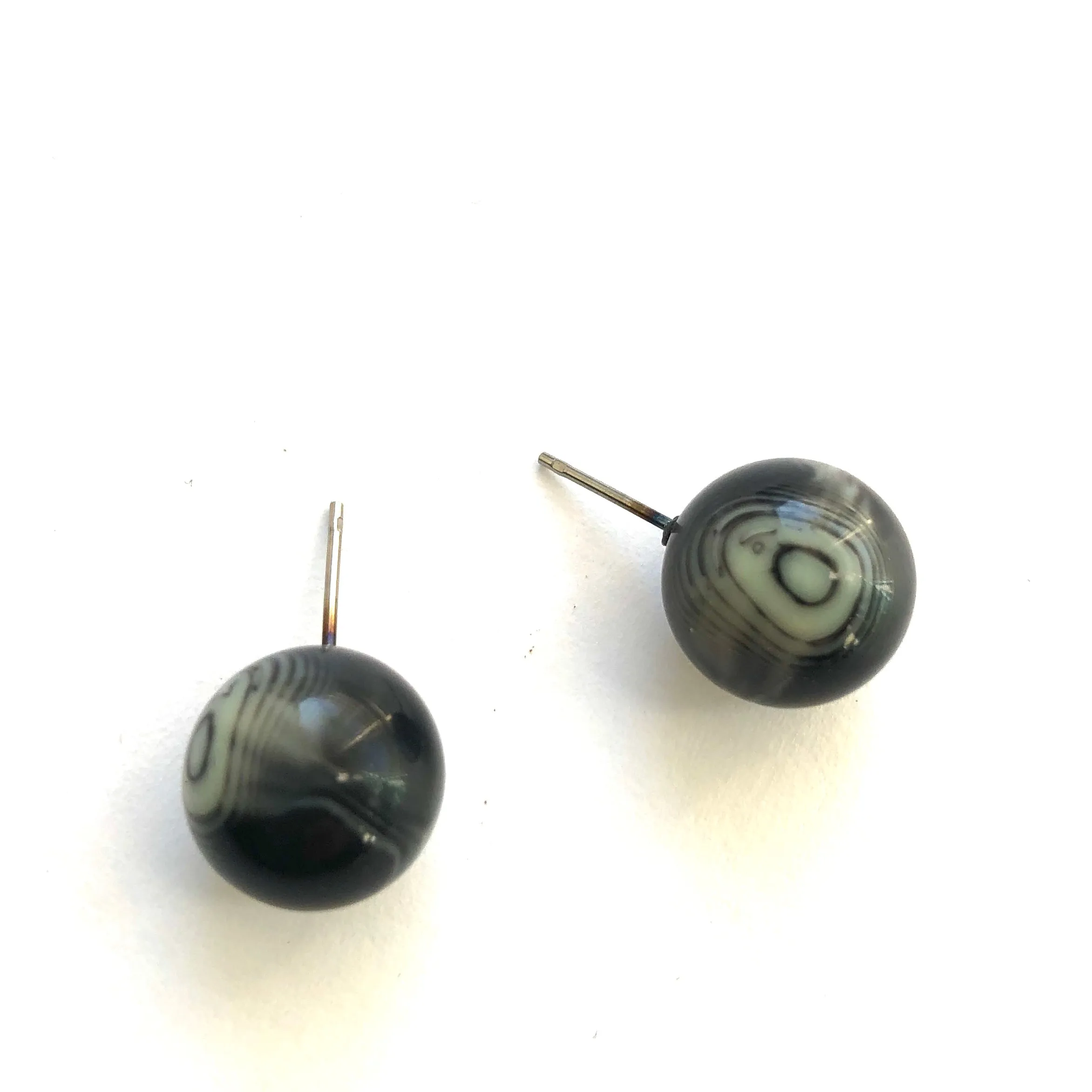 Black and Cream Marbled Agate Ball Stud Earrings