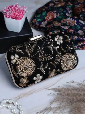 Black Floral Heavy Embroidered Clutch