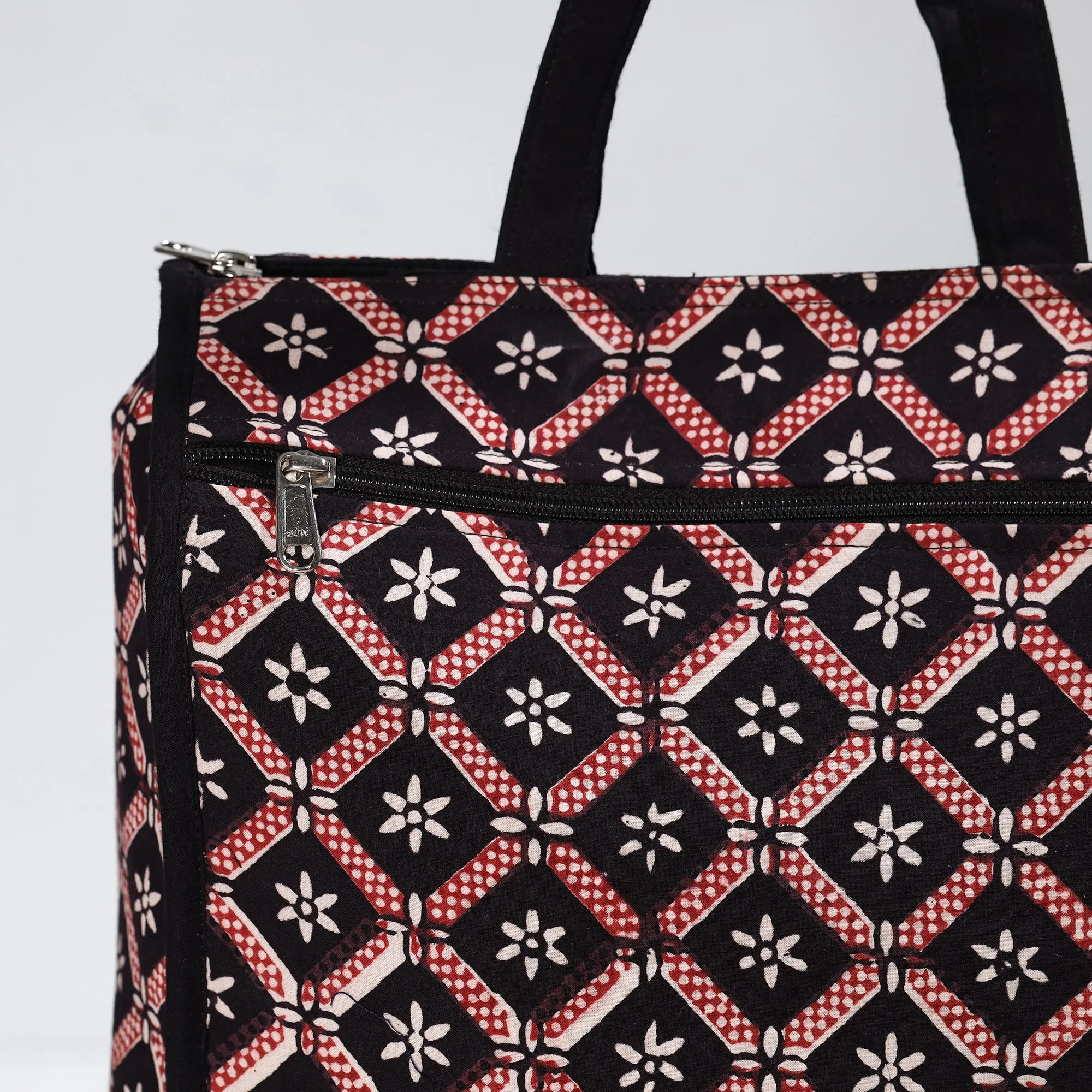 Black - Handmade Bagh Block Printed Cotton Shopping Bag 19