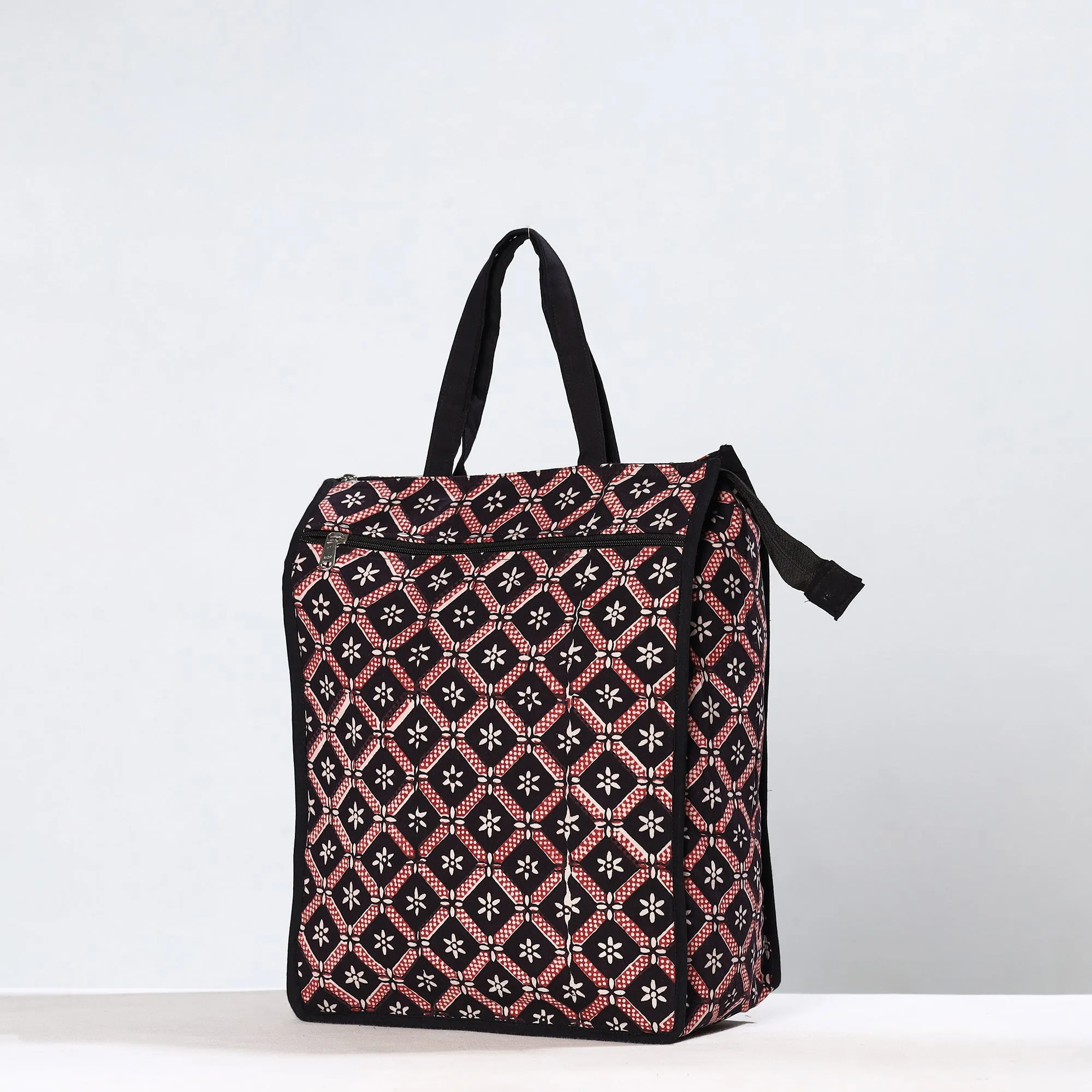 Black - Handmade Bagh Block Printed Cotton Shopping Bag 19