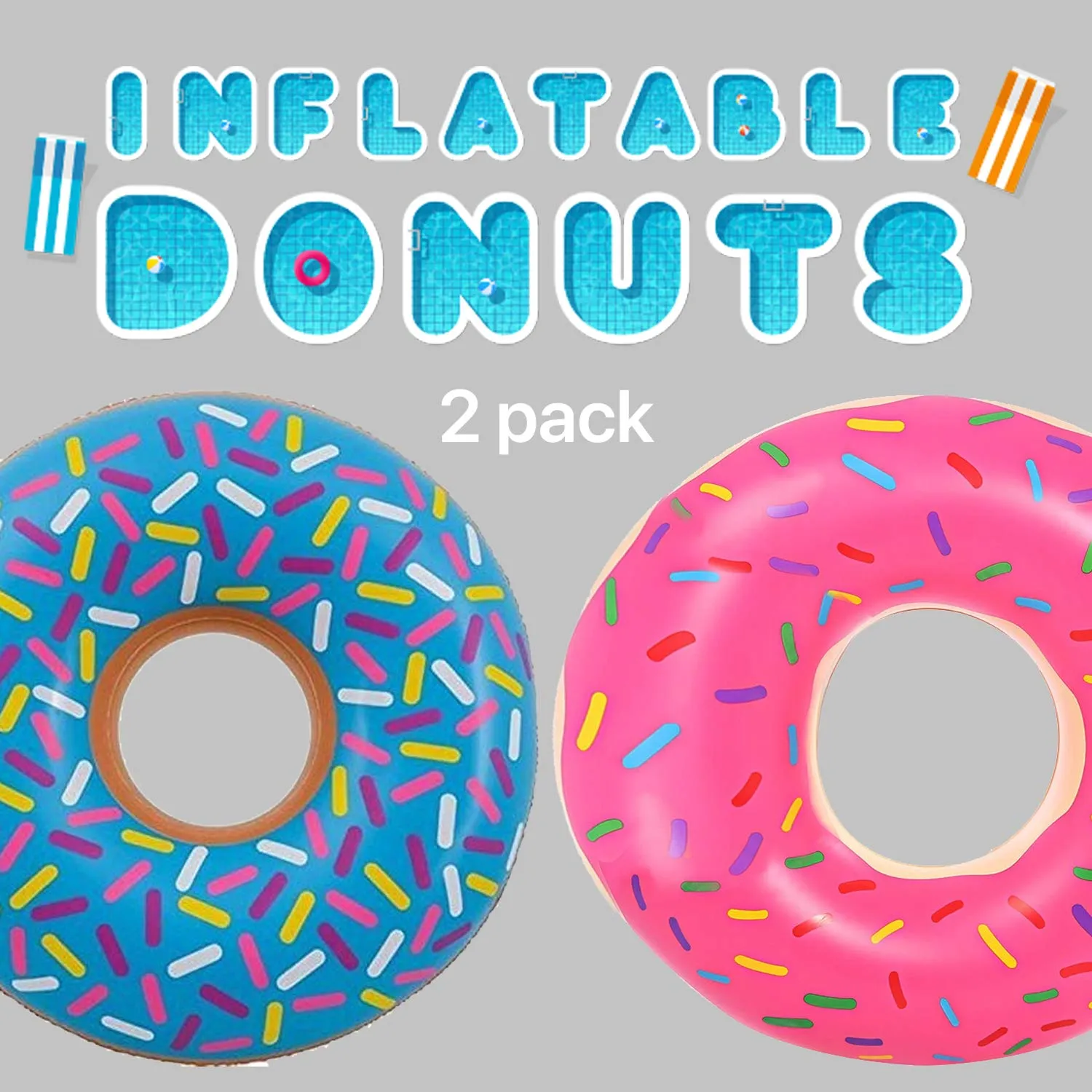 Kicko Donut Inflatable Large Pool Float - 2 Pack - Multi-Colored 32 Inch Frosted Looking