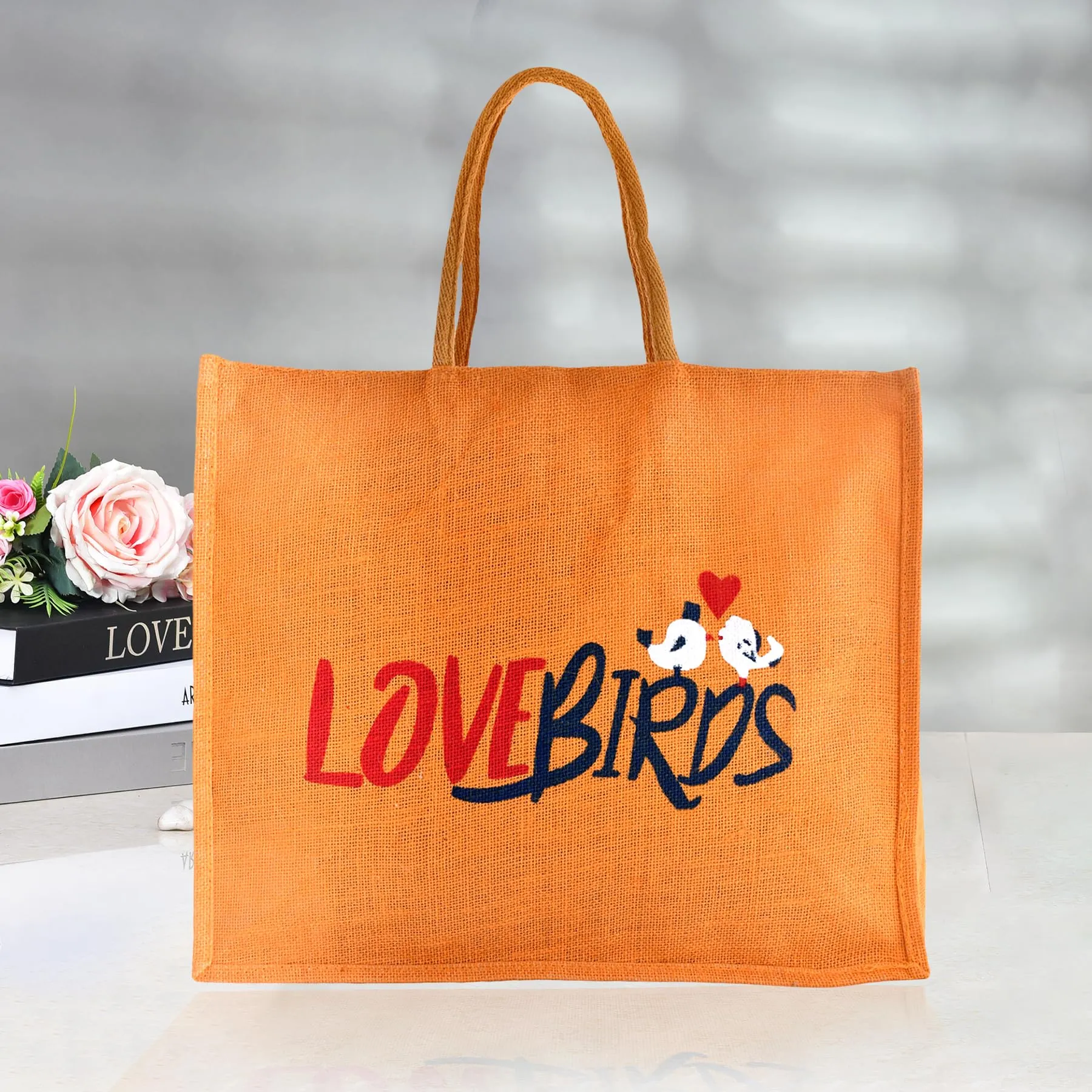 Kuber Industries Shopping Bag | Jute Carry Bag | Zipper Grocery Bag with Handle | Reusable Shopping Bag | Vegetable Storage Bag | Love Birds Grocery Bag | Large | Orange