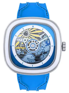 Limited Edition SEVENFRIDAY T-Series Beach Club Automatic Stainless Steel Blue Skeleton Dial Blue Silicone Strap Mens Watch T1/09