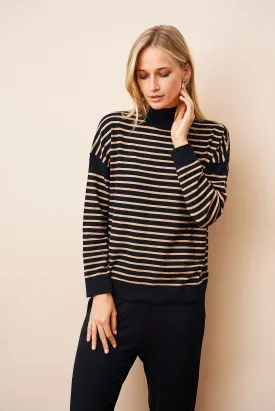 Organic Cotton Knit Stretch Striped Mock Neck in Noir/Camel