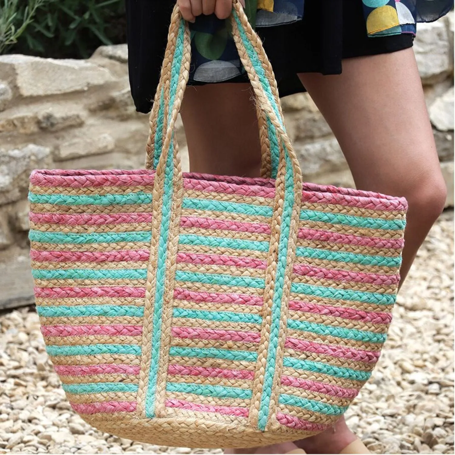 POM 50cm Pale Pink & Aqua Striped Recycled Jute Beach Bag