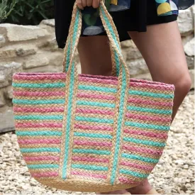 POM 50cm Pale Pink & Aqua Striped Recycled Jute Beach Bag