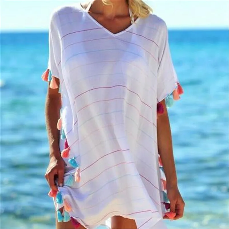 White striped tassel ball beach dress